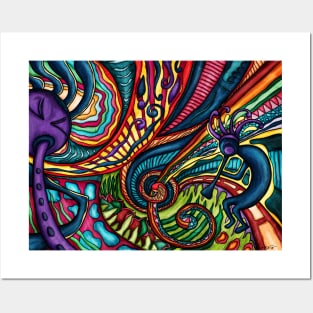 Kokopelli flute player, colorful music themed art Posters and Art